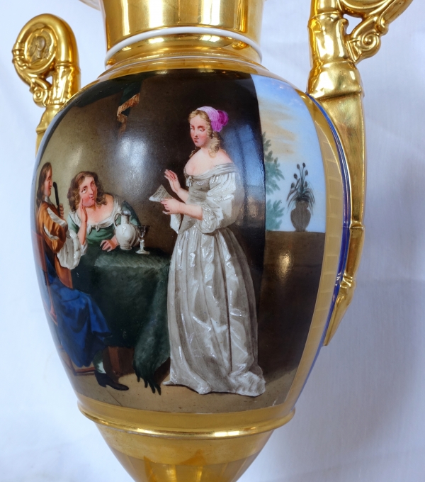 Manufacture Deroche : grand vase d'ornement en porcelaine signé, époque Empire Restauration - 35 cm