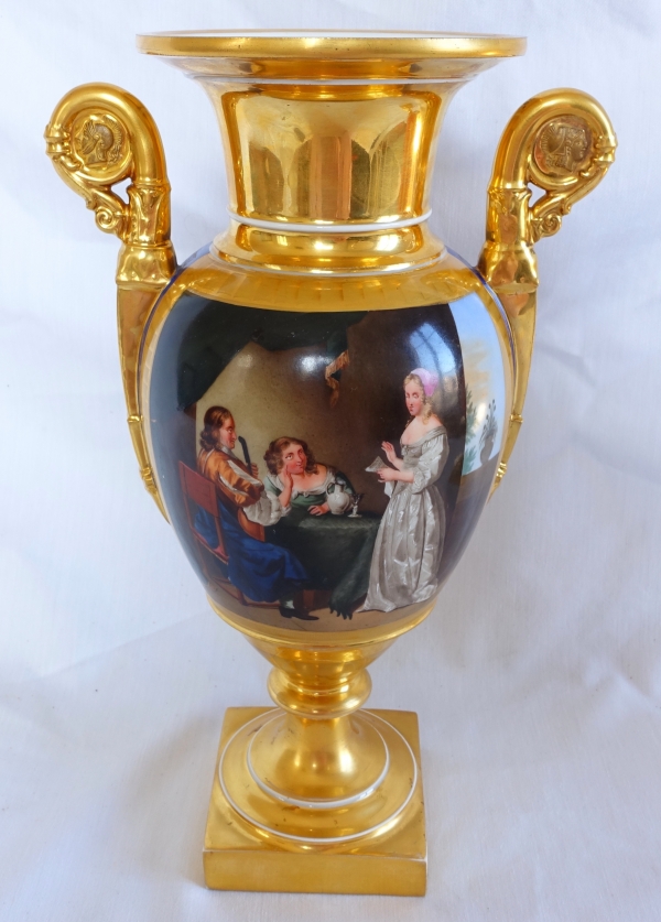 Manufacture Deroche : grand vase d'ornement en porcelaine signé, époque Empire Restauration - 35 cm