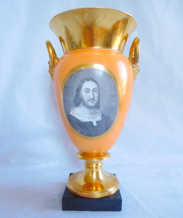 Grand vase d'ornement Empire en porcelaine de Paris - portrait de François Ier