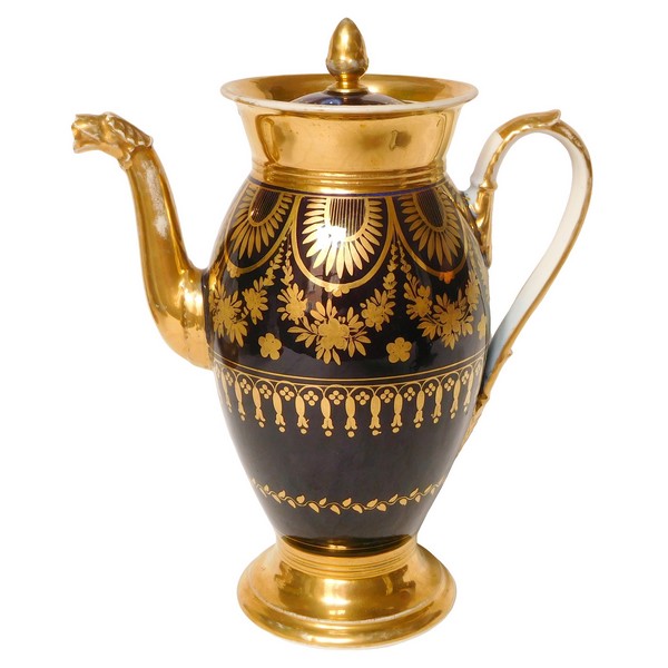 Verseuse / cafetière Empire en porcelaine de Paris bleue dorée à l'or fin, époque début XIXe