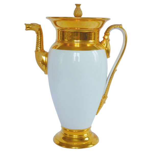 Grande verseuse / cafetière Empire, col à tête de canard, porcelaine de Paris et biscuit, XIXe siècle vers 1820