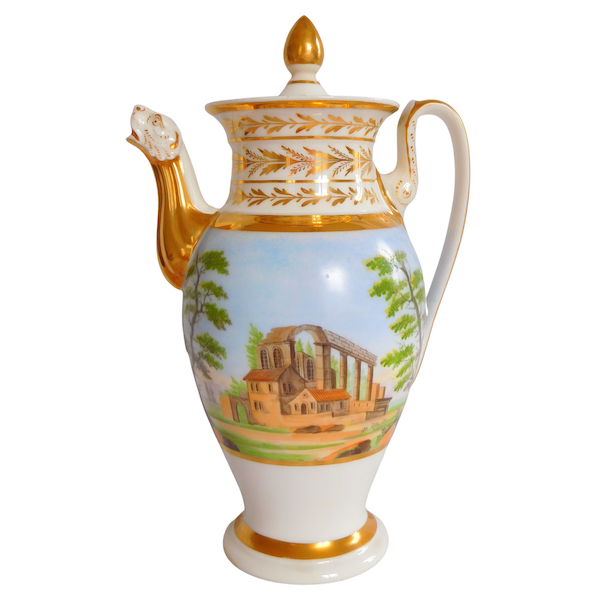 Grande verseuse / cafetière Empire en porcelaine de Paris dorée à paysage tournant, XIXe siècle vers 1820