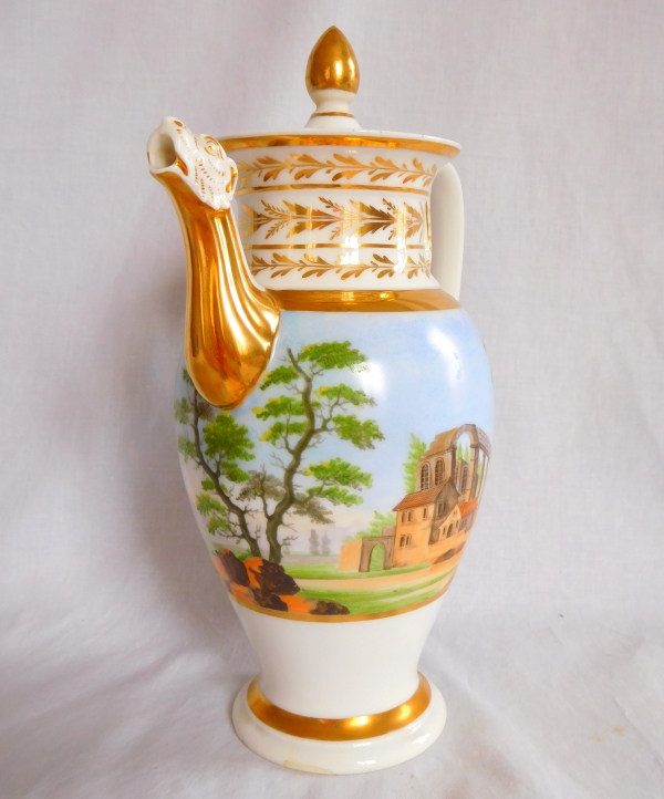 Grande verseuse / cafetière Empire en porcelaine de Paris dorée à paysage tournant, XIXe siècle vers 1820