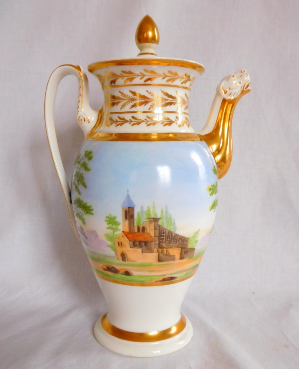 Grande verseuse / cafetière Empire en porcelaine de Paris dorée à paysage tournant, XIXe siècle vers 1820