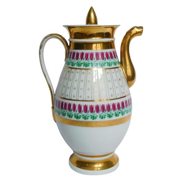 Verseuse, cafetière Empire en porcelaine de Paris dorée à l'or fin, époque Restauration