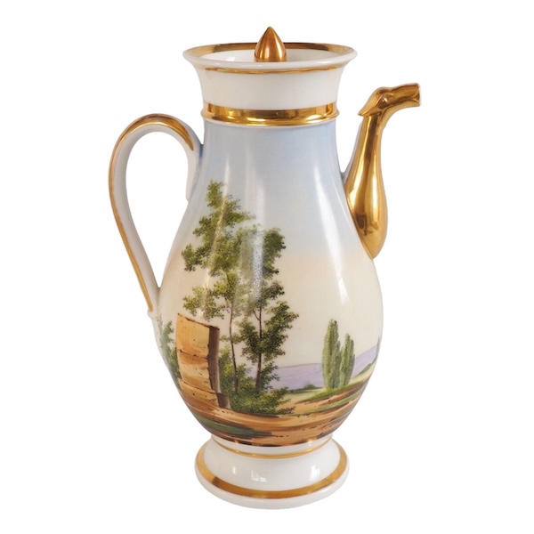 Verseuse cafetière à paysage tournant en porcelaine de Paris d'époque Empire