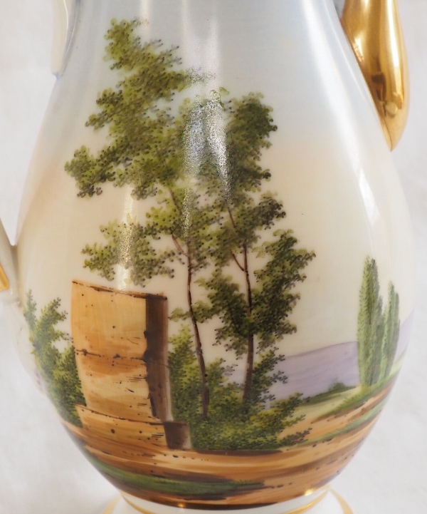 Empire Paris porcelain coffee pot enhanced with polychromatic landscape and fine gold 