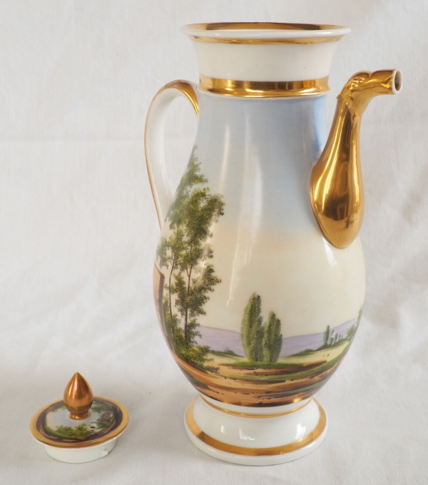 Empire Paris porcelain coffee pot enhanced with polychromatic landscape and fine gold 