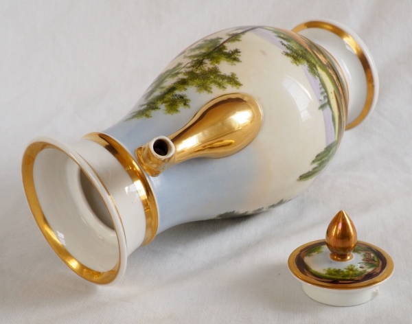 Empire Paris porcelain coffee pot enhanced with polychromatic landscape and fine gold 