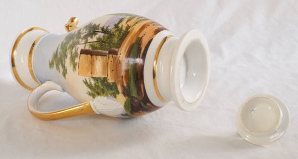 Empire Paris porcelain coffee pot enhanced with polychromatic landscape and fine gold 