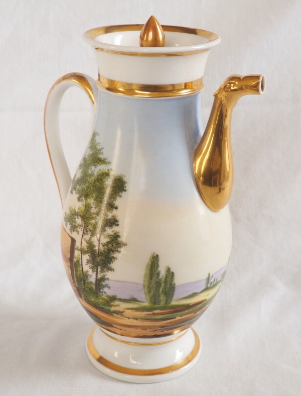 Empire Paris porcelain coffee pot enhanced with polychromatic landscape and fine gold 