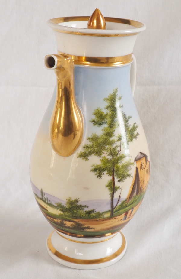 Empire Paris porcelain coffee pot enhanced with polychromatic landscape and fine gold 