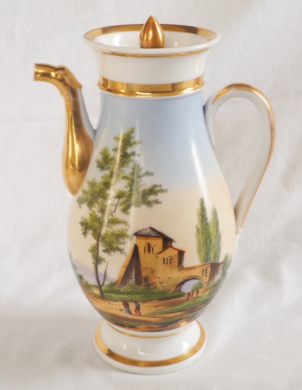 Empire Paris porcelain coffee pot enhanced with polychromatic landscape and fine gold 