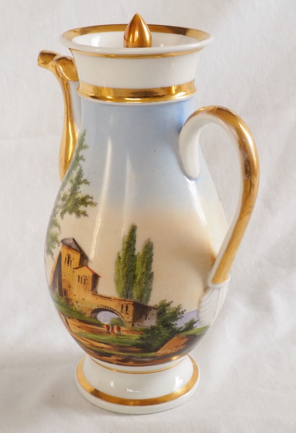 Empire Paris porcelain coffee pot enhanced with polychromatic landscape and fine gold 