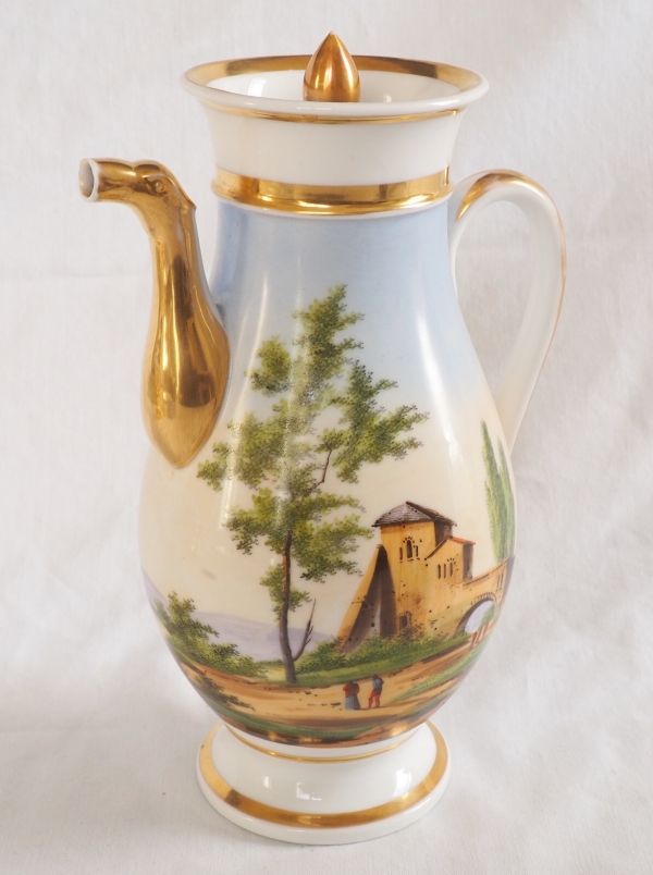 Empire Paris porcelain coffee pot enhanced with polychromatic landscape and fine gold 