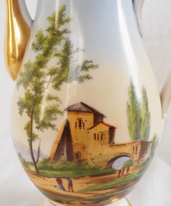 Empire Paris porcelain coffee pot enhanced with polychromatic landscape and fine gold 
