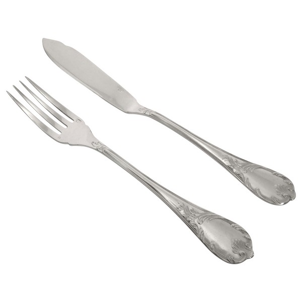 Christofle : silver plated fish fork and knife, Marly pattern