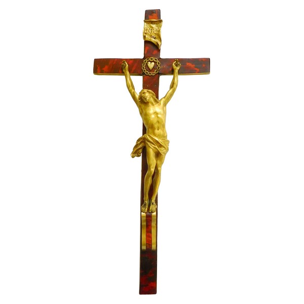 Crucifix, Christ en bronze sur croix en écaille de tortue, époque Louis XIV, XVIIe siècle