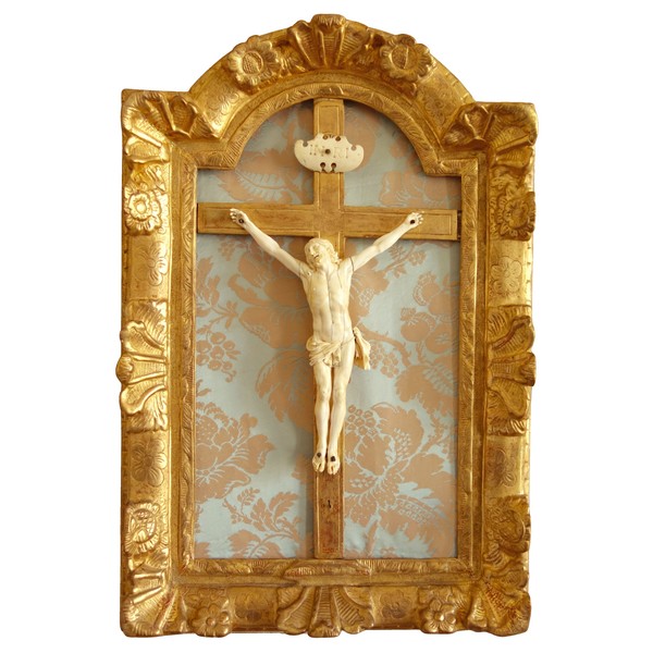 Louis XIV ivory Christ, gold leaf gilt wood frame, 18th century