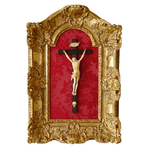 18th century ivory Christ, carved gold leaf gilt wood frame