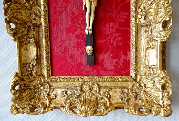 18th century ivory Christ, carved gold leaf gilt wood frame