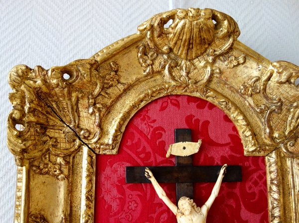 18th century ivory Christ, carved gold leaf gilt wood frame