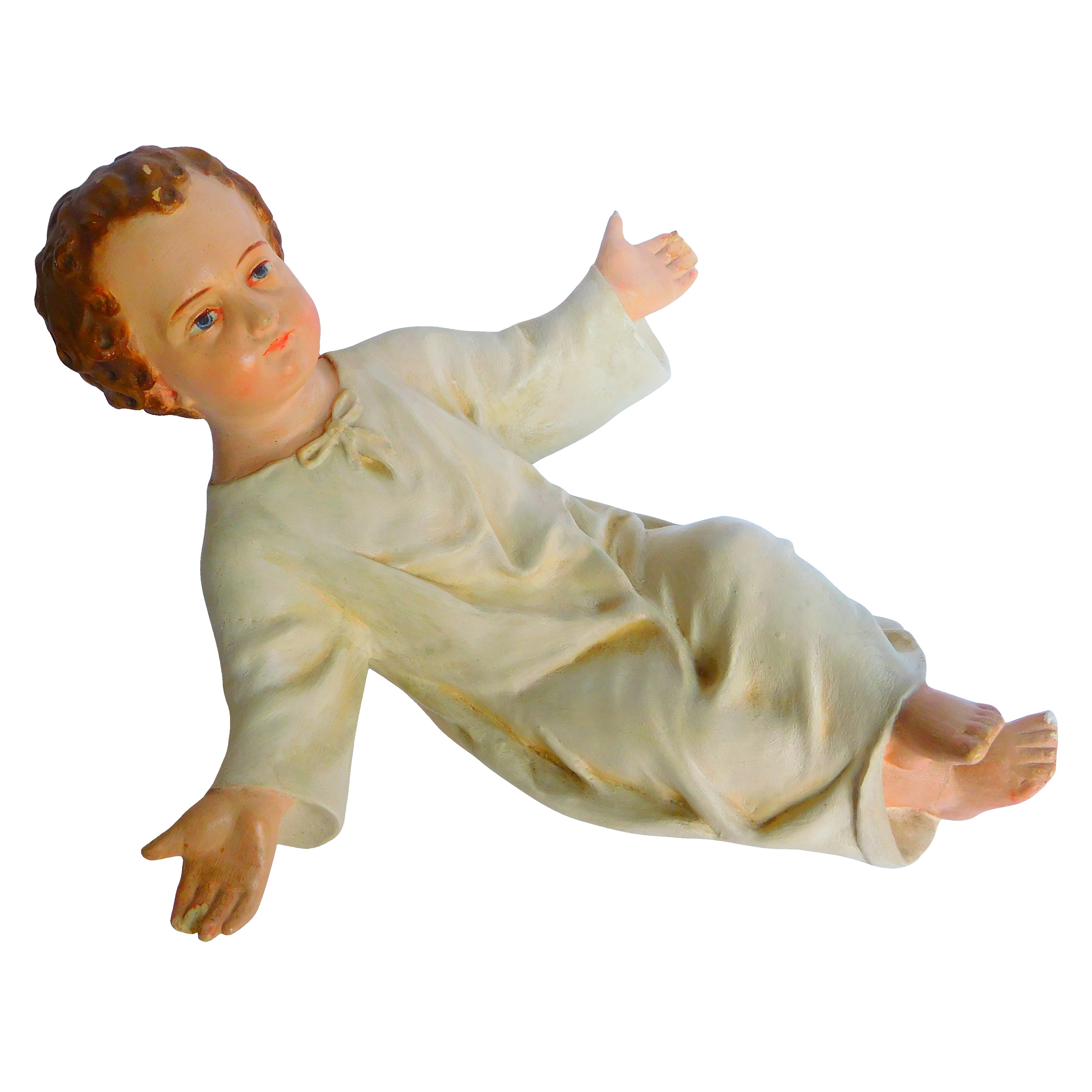 Grand Enfant Jésus de crèche en plâtre patiné polychrome, époque 1900 - 32cm