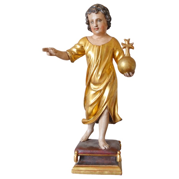 Jesus Child holding the orb, gold leaf gilt wood statue, 18th century