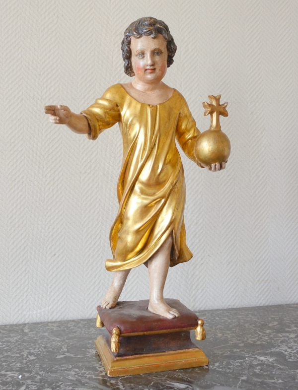 Jesus Child holding the orb, gold leaf gilt wood statue, 18th century