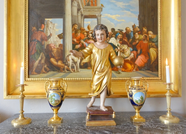 Jesus Child holding the orb, gold leaf gilt wood statue, 18th century