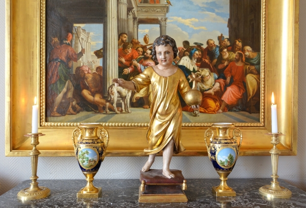 Jesus Child holding the orb, gold leaf gilt wood statue, 18th century