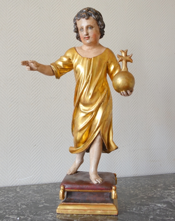 Jesus Child holding the orb, gold leaf gilt wood statue, 18th century