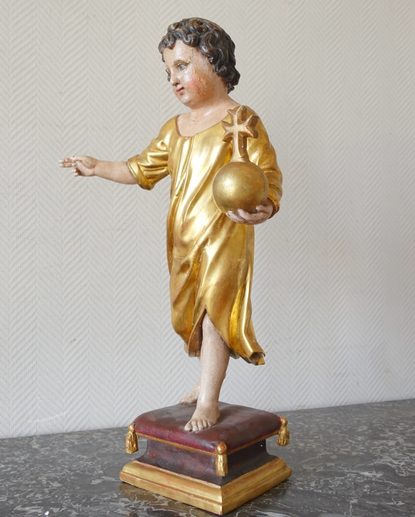 Jesus Child holding the orb, gold leaf gilt wood statue, 18th century