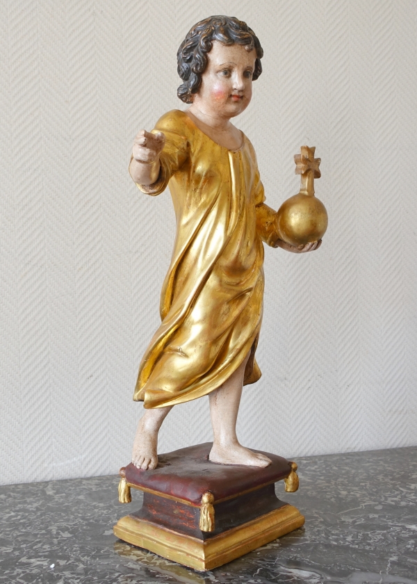 Jesus Child holding the orb, gold leaf gilt wood statue, 18th century
