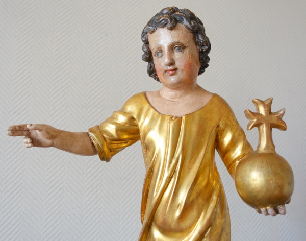 Jesus Child holding the orb, gold leaf gilt wood statue, 18th century