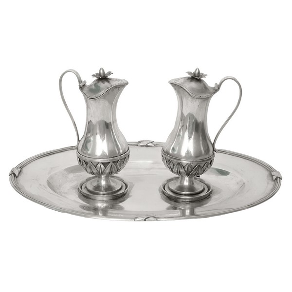 Pair of sterling silver burettes and their tray, Empire production, early 19th century