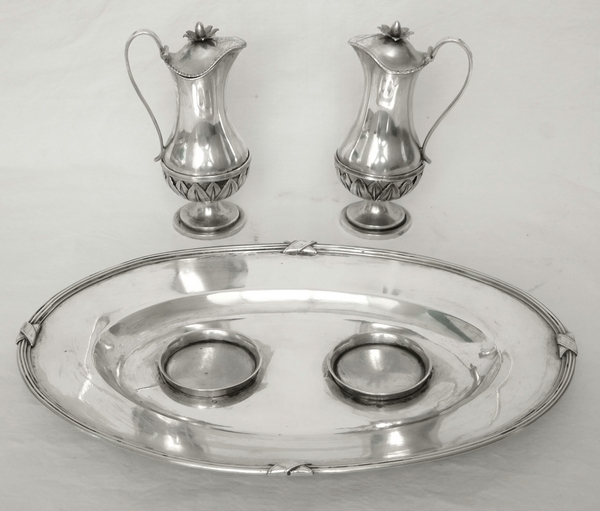 Pair of sterling silver burettes and their tray, Empire production, early 19th century