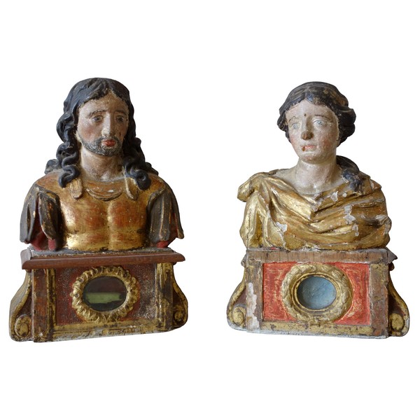 Paire de bustes reliquaires en bois polychrome et doré - époque XVIIe siècle