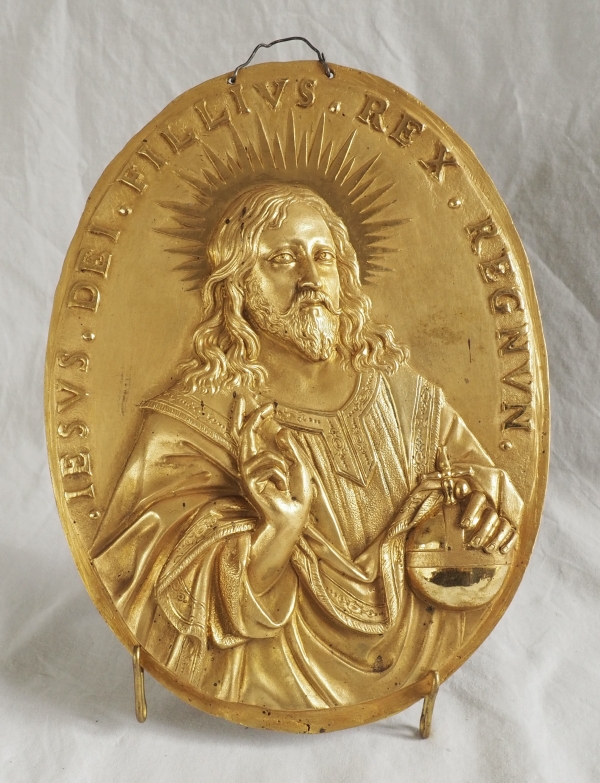 Paire de plaques de dévotion Louis XIV - Jésus et Sainte Vierge en bronze ciselé & doré au mercure