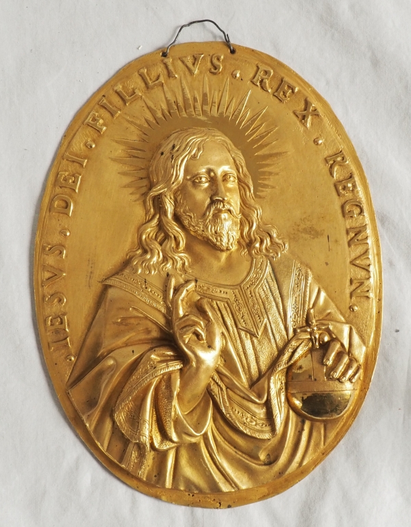Paire de plaques de dévotion Louis XIV - Jésus et Sainte Vierge en bronze ciselé & doré au mercure