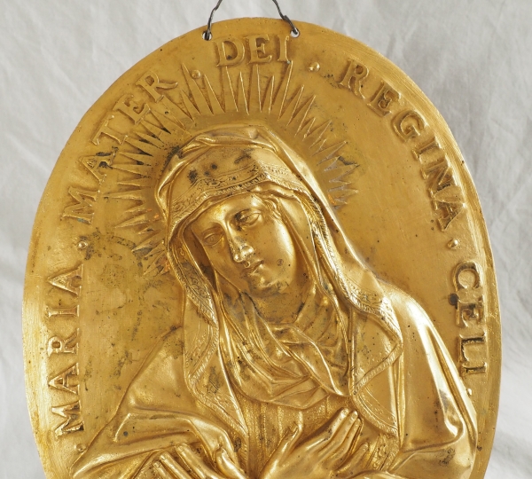 Paire de plaques de dévotion Louis XIV - Jésus et Sainte Vierge en bronze ciselé & doré au mercure