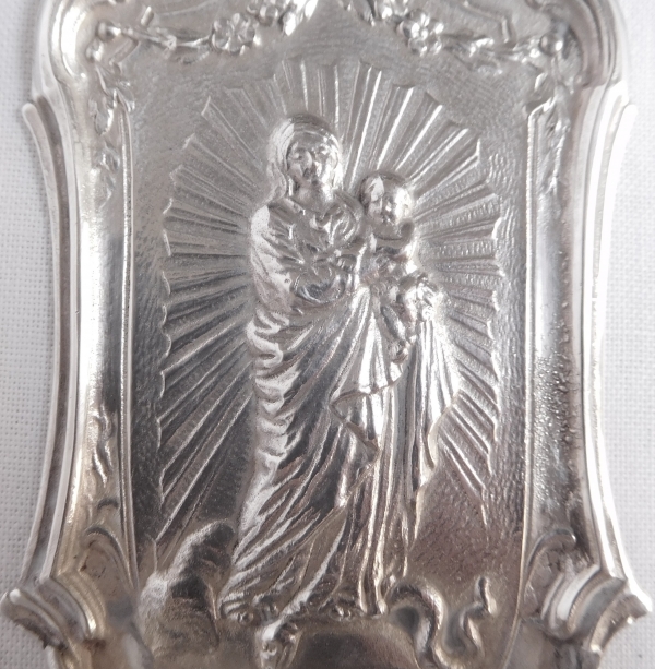 Bénitier de style Louis XV en argent massif à la Vierge à l'Enfant, poinçon Minerve