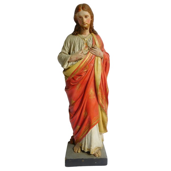 Statue du Sacré Coeur de Jésus en plâtre polychrome et doré, époque XIXe siècle - 39,5cm