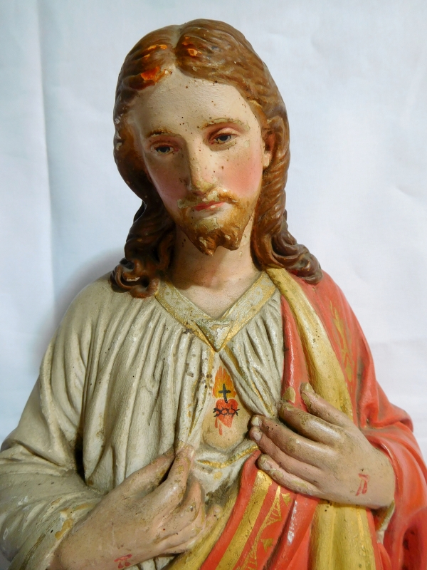 Statue du Sacré Coeur de Jésus en plâtre polychrome et doré, époque XIXe siècle - 39,5cm