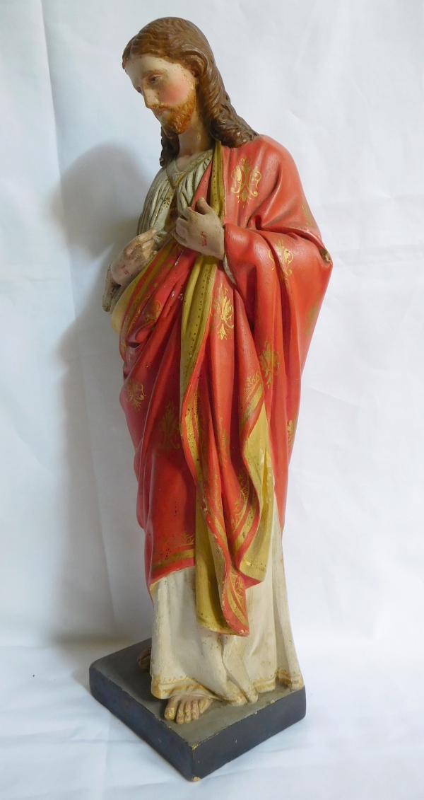 Statue du Sacré Coeur de Jésus en plâtre polychrome et doré, époque XIXe siècle - 39,5cm