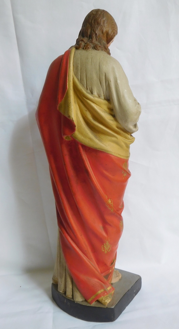 Statue du Sacré Coeur de Jésus en plâtre polychrome et doré, époque XIXe siècle - 39,5cm