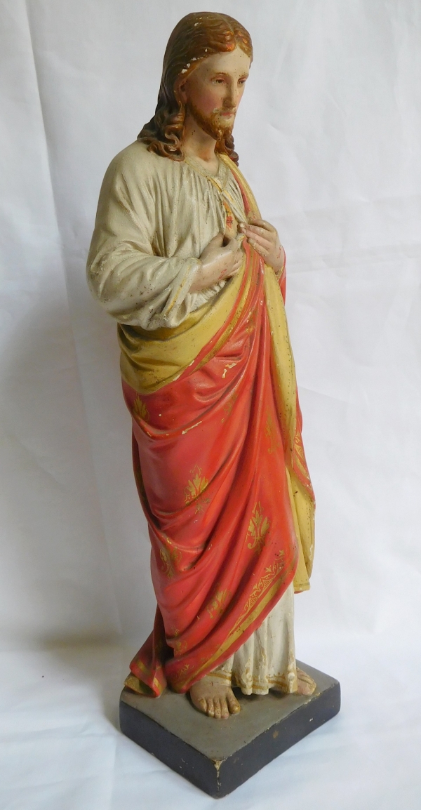 Statue du Sacré Coeur de Jésus en plâtre polychrome et doré, époque XIXe siècle - 39,5cm