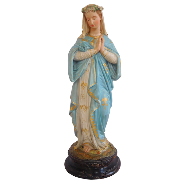 Grande statue de la Vierge Marie en plâtre polychrome et or, époque XIXe siècle - 40cm