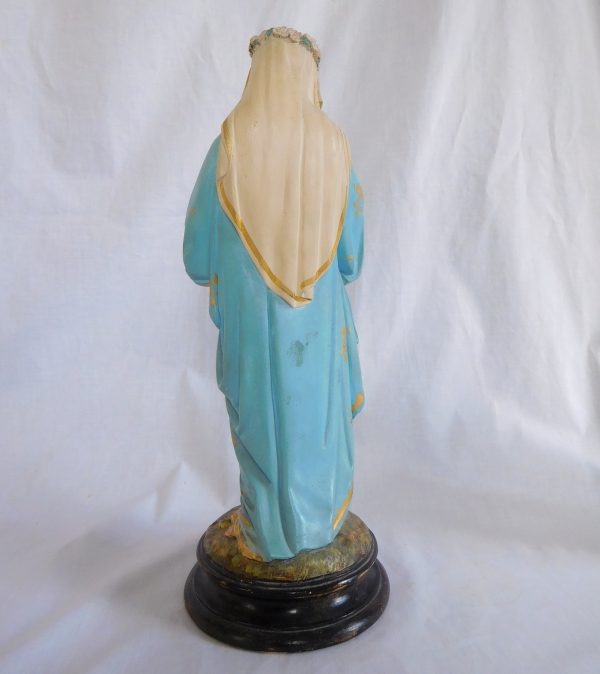 Tall statue of Virgin Mary, polychrome gilt gypsum, 19th century - 40cm