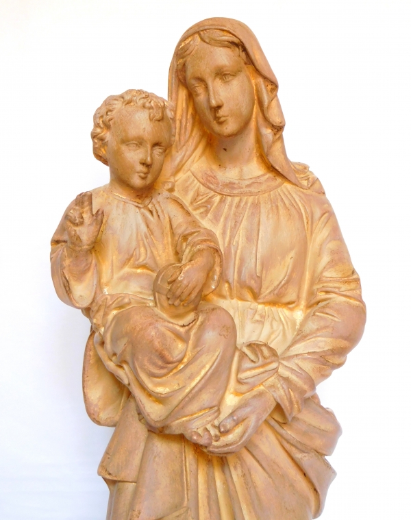 Virgin Mary and Jesus Child sculpture, grande statue XIXe en plâtre patiné terre cuite